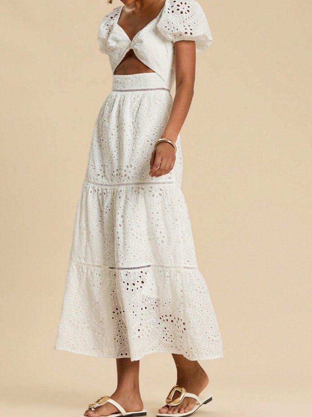 White Boho Women's Embroidered Twist Ruched Long Dress - Picture 6 of 7